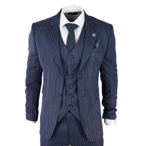 Men’s Blue Pinstripe Herringbone Tweed 3 Piece Suit