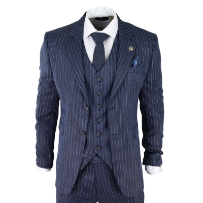 Men's Blue Pinstripe Herringbone Tweed 3 Piece Suit