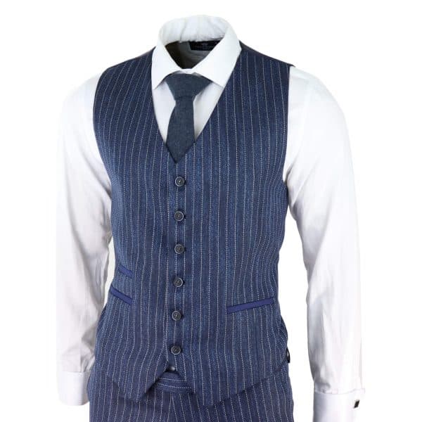 Men's Blue Pinstripe Herringbone Tweed 3 Piece Suit