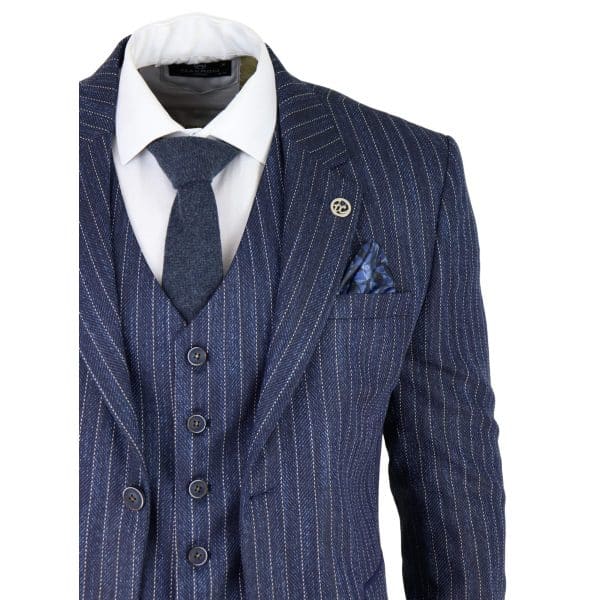 Men's Blue Pinstripe Herringbone Tweed 3 Piece Suit