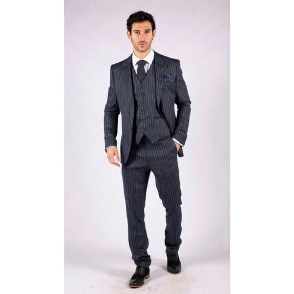 Men's Blue Pinstripe Herringbone Tweed 3 Piece Suit