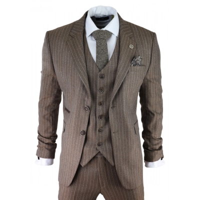 Men's Oak Brown Pinstripe Herringbone Tweed 3 Piece Suit