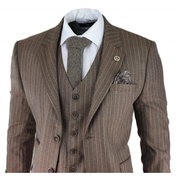 Men's Oak Brown Pinstripe Herringbone Tweed 3 Piece Suit