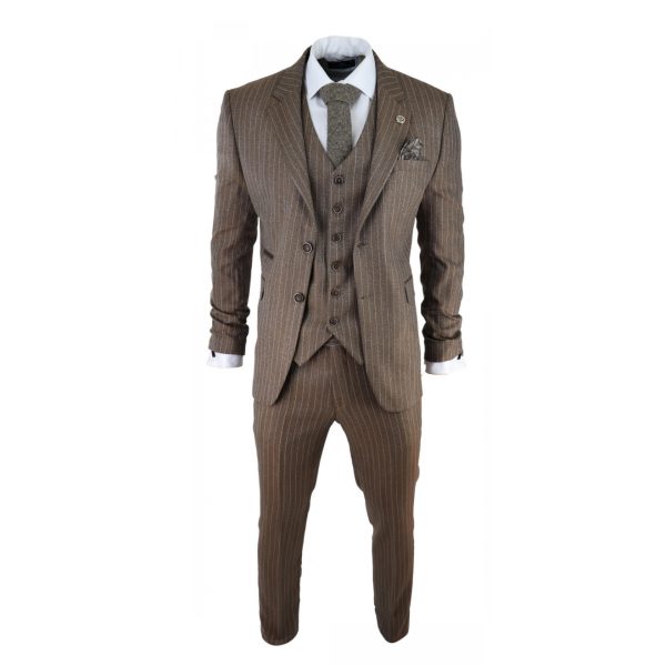 Men's Oak Brown Pinstripe Herringbone Tweed 3 Piece Suit