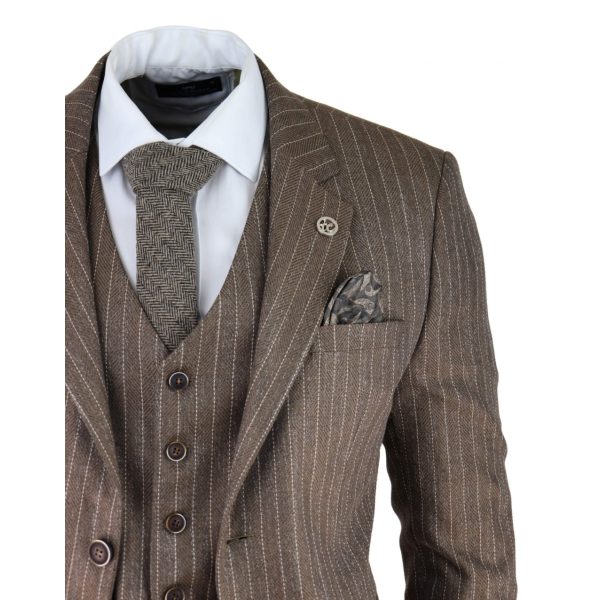 Men's Oak Brown Pinstripe Herringbone Tweed 3 Piece Suit