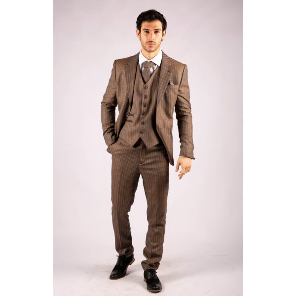 Men's Oak Brown Pinstripe Herringbone Tweed 3 Piece Suit