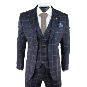 Men’s Navy-Blue Windowpane Check 3 Piece Suit