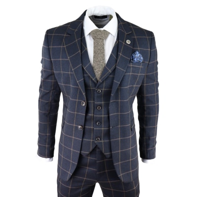 Men's Navy-Blue Windowpane Check 3 Piece Suit