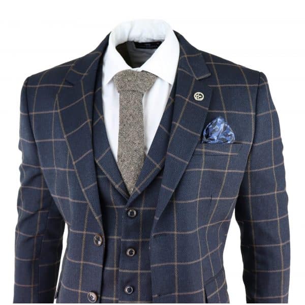 Men's Navy-Blue Windowpane Check 3 Piece Suit