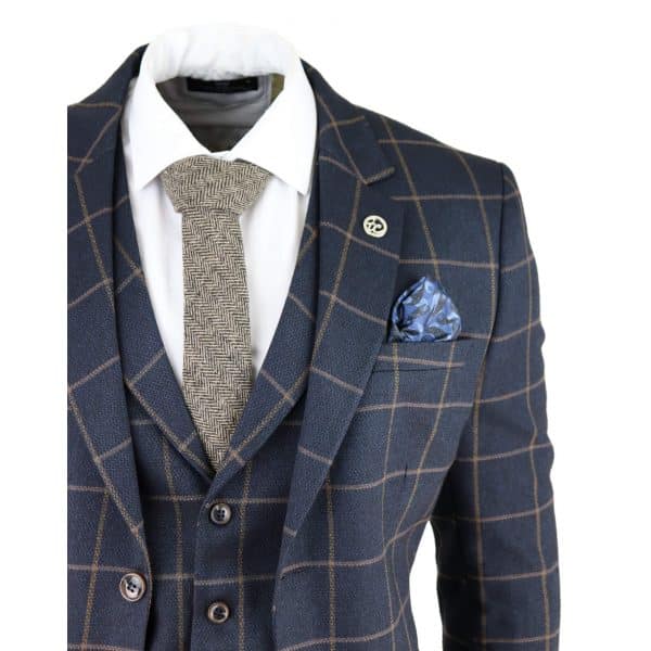 Men's Navy-Blue Windowpane Check 3 Piece Suit