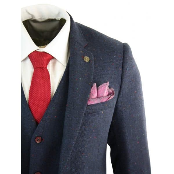 Men's 3 Piece Navy-Blue Slim Fit Suit with Wine Trim