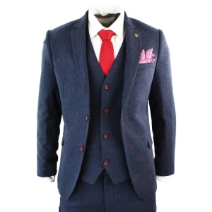 Men’s 3 Piece Navy-Blue Slim Fit Suit with Wine Trim