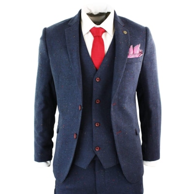 Men's 3 Piece Navy-Blue Slim Fit Suit with Wine Trim