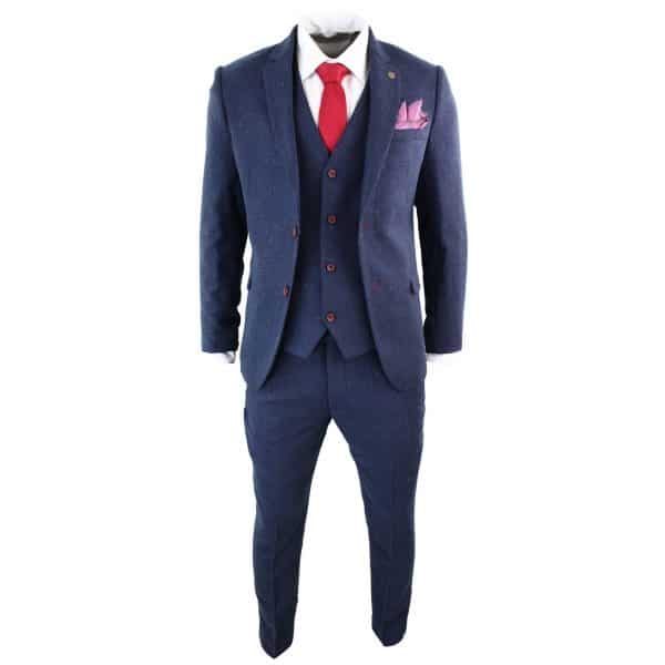 Men's 3 Piece Navy-Blue Slim Fit Suit with Wine Trim