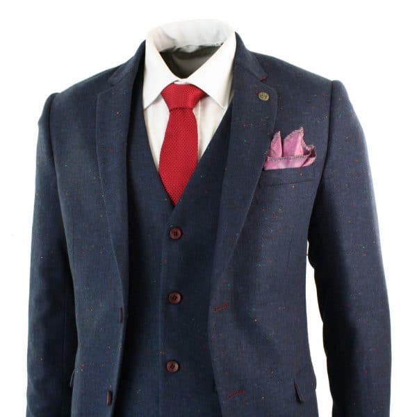 Men's 3 Piece Navy-Blue Slim Fit Suit with Wine Trim