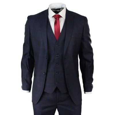 Men's Navy Blue Check 3 Piece Suit