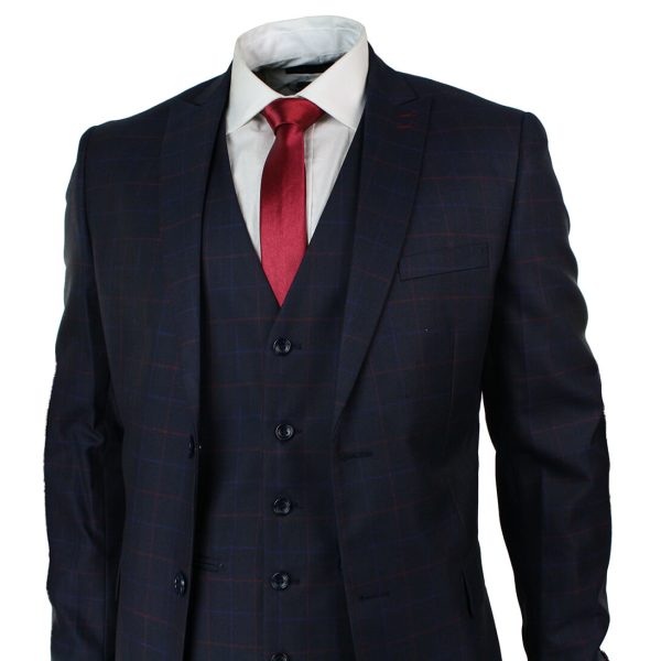 Men's Navy Blue Check 3 Piece Suit