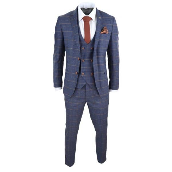 Men's Blue Check Suit with Double Breasted Waistcoat