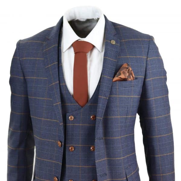 Men's Blue Check Suit with Double Breasted Waistcoat