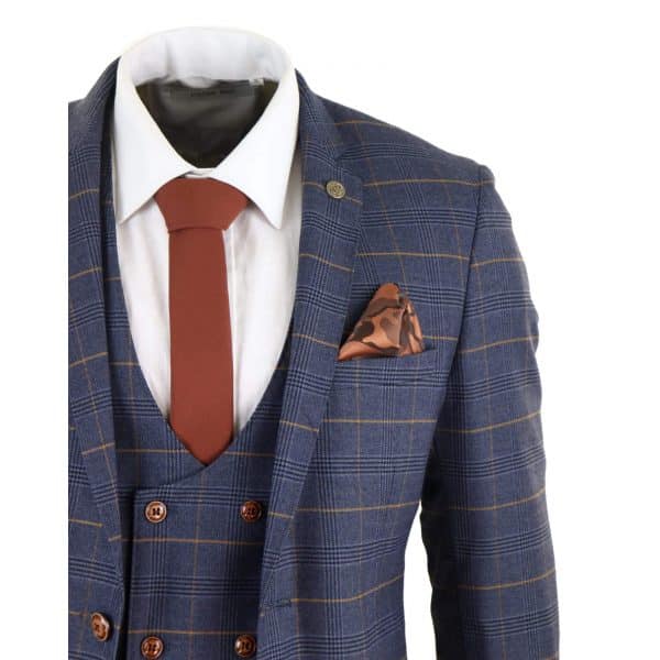 Men's Blue Check Suit with Double Breasted Waistcoat