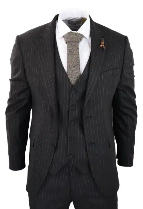 Mens Black 3 Piece Pinstripe Suit