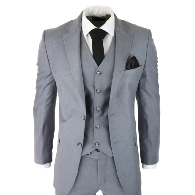 Mens Classic Grey 3 Piece Suit Slim Fit Vintage Retro Smart Formal Wedding