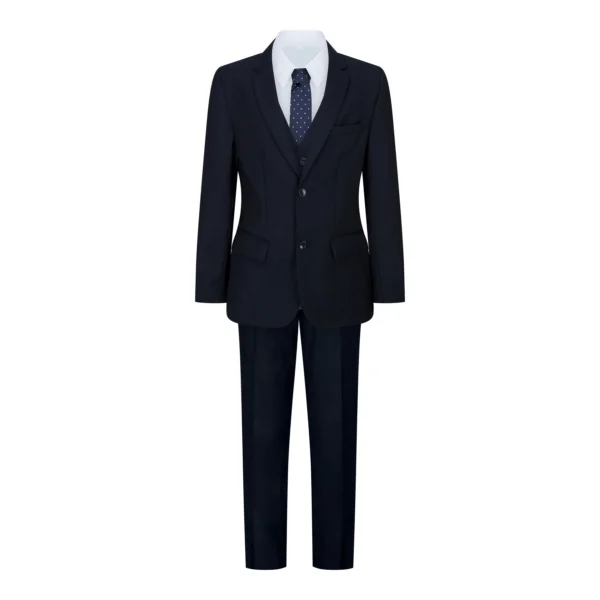 Boys Navy Blue 5 Piece Suit Blazer Waistcoat Shirt Tie Trousers Wedding Party