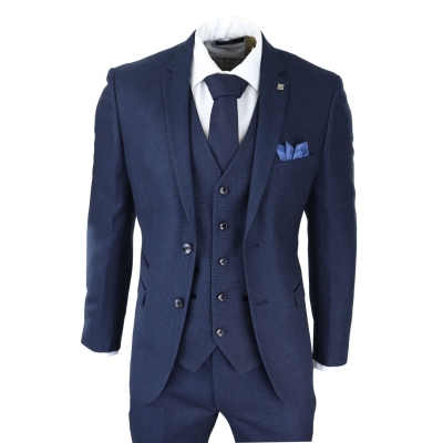 Mens Navy Blue 3 Piece Suit Birdseye Suit Wedding Prom Formal Smart Classic