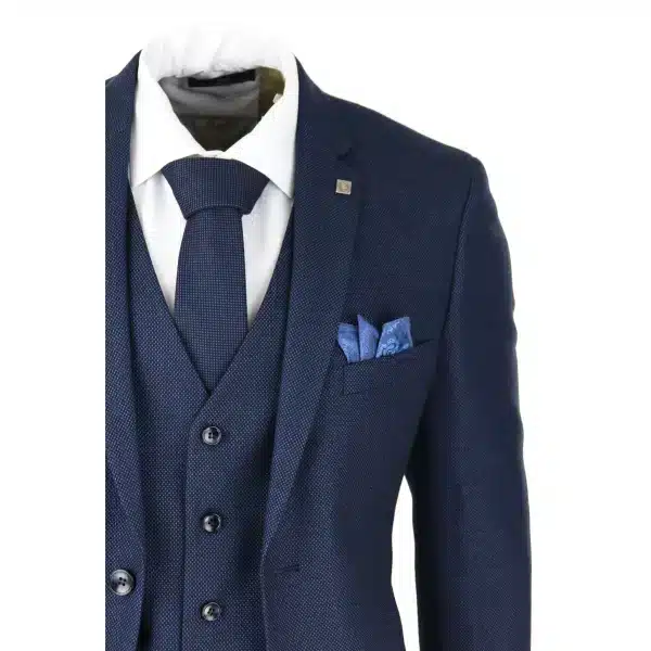 Mens Navy Blue 3 Piece Suit Birdseye Suit Wedding Prom Formal Smart Classic