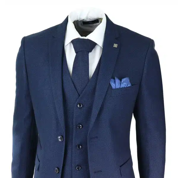 Mens Navy Blue 3 Piece Suit Birdseye Suit Wedding Prom Formal Smart Classic