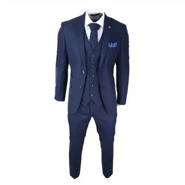 Mens Navy Blue 3 Piece Suit Birdseye Suit Wedding Prom Formal Smart Classic