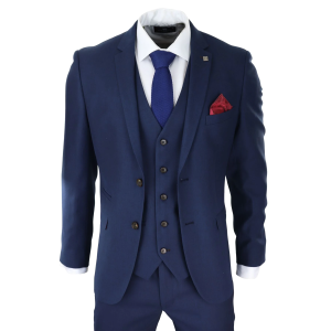 Mens Navy 3 Piece Suit Tailored Fit Smart Formal Classic Wedding Retro Vintage