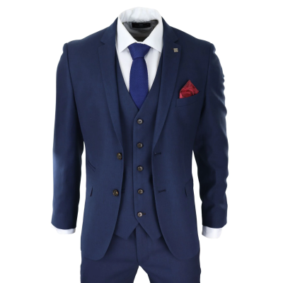 Mens Navy 3 Piece Suit Tailored Fit Smart Formal Classic Wedding Retro Vintage