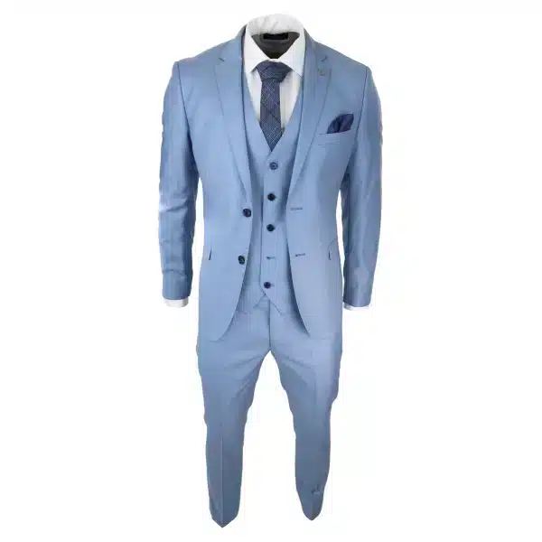 Mens Light Blue Sky 3 Piece Suit Classic Stitch Wedding Summer Prom Classic