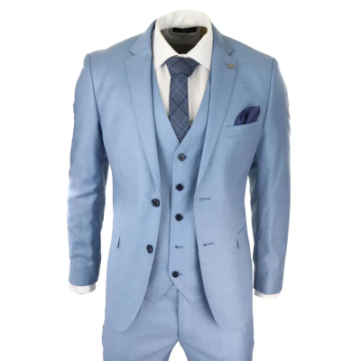 Mens Light Blue Sky 3 Piece Suit Classic Stitch Wedding Summer Prom Classic