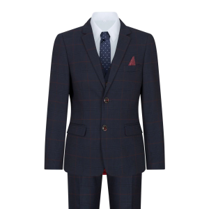 Boys Navy Check 3 Piece Suit Red Edinson Marc Darcy Classic Vintage Wedding