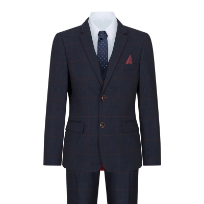 Boys Navy Check 3 Piece Suit Red Edinson Marc Darcy Classic Vintage Wedding