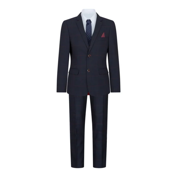 Boys Navy Check 3 Piece Suit Red Edinson Marc Darcy Classic Vintage Wedding