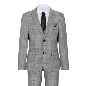 Boys Marc Darcy 3 Piece Suit Grey Prince Of Wales Blue Check Vintage Retro