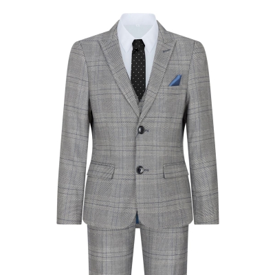 Boys Marc Darcy 3 Piece Suit Grey Prince Of Wales Blue Check Vintage Retro