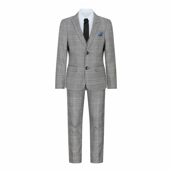 Boys Marc Darcy 3 Piece Suit Grey Prince Of Wales Blue Check Vintage Retro