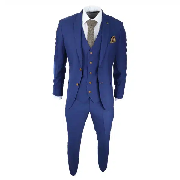 Mens Royal Blue 3 piece Suit Brown Trim Classic Birdseye Vintage Wedding Grooms