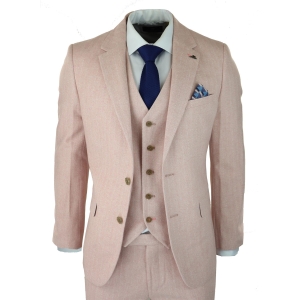 Mens Herringbone Tweed 3 Piece Suit Pink Blush Retro Vintage Short Reg Long