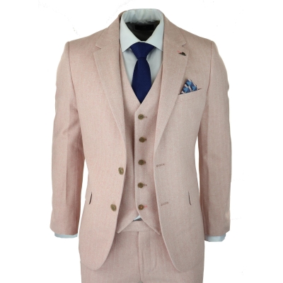 Mens Herringbone Tweed 3 Piece Suit Pink Blush Retro Vintage Short Reg Long