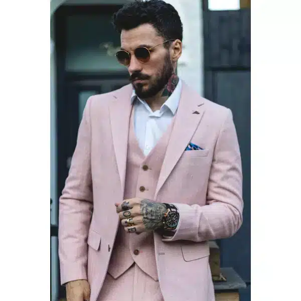 Mens Herringbone Tweed 3 Piece Suit Pink Blush Retro Vintage Short Reg Long