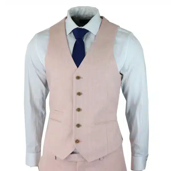 Mens Herringbone Tweed 3 Piece Suit Pink Blush Retro Vintage Short Reg Long