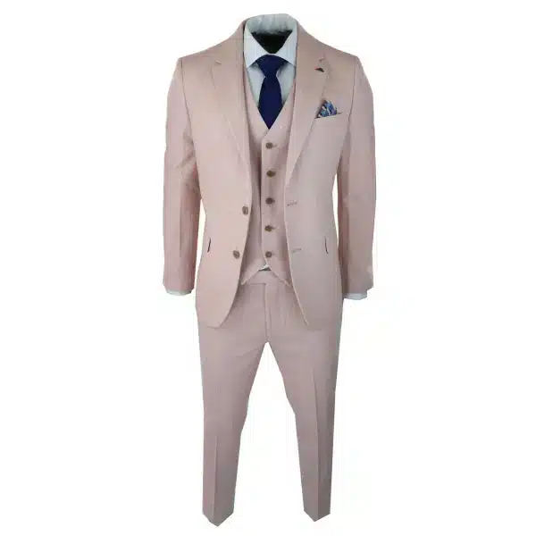 Mens Herringbone Tweed 3 Piece Suit Pink Blush Retro Vintage Short Reg Long