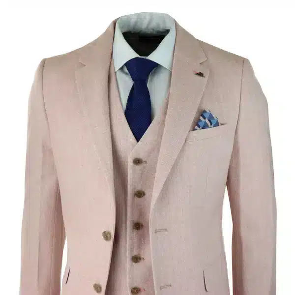 Mens Herringbone Tweed 3 Piece Suit Pink Blush Retro Vintage Short Reg Long