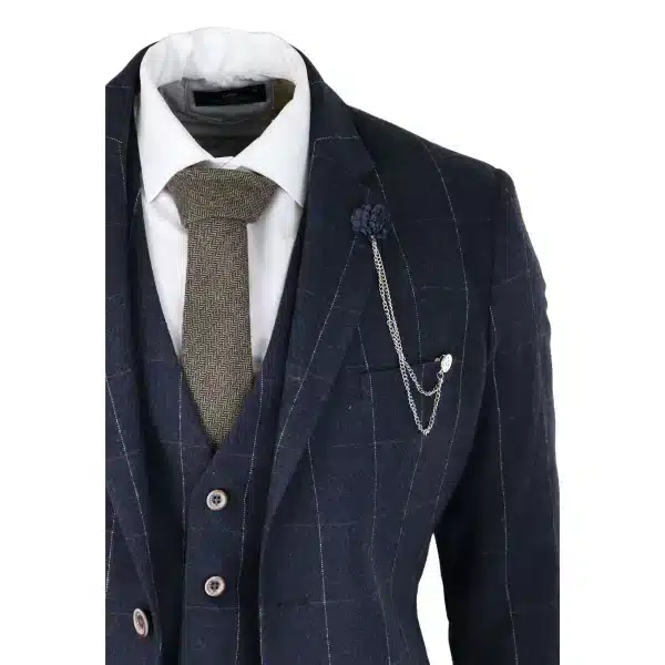 Mens Navy Check 3 Piece Suit Wool Tweed Classic 1920s Vintage Tailored Fit Wedding