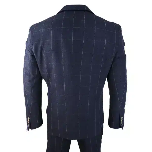 Mens Navy Check 3 Piece Suit Wool Tweed Classic 1920s Vintage Tailored Fit Wedding